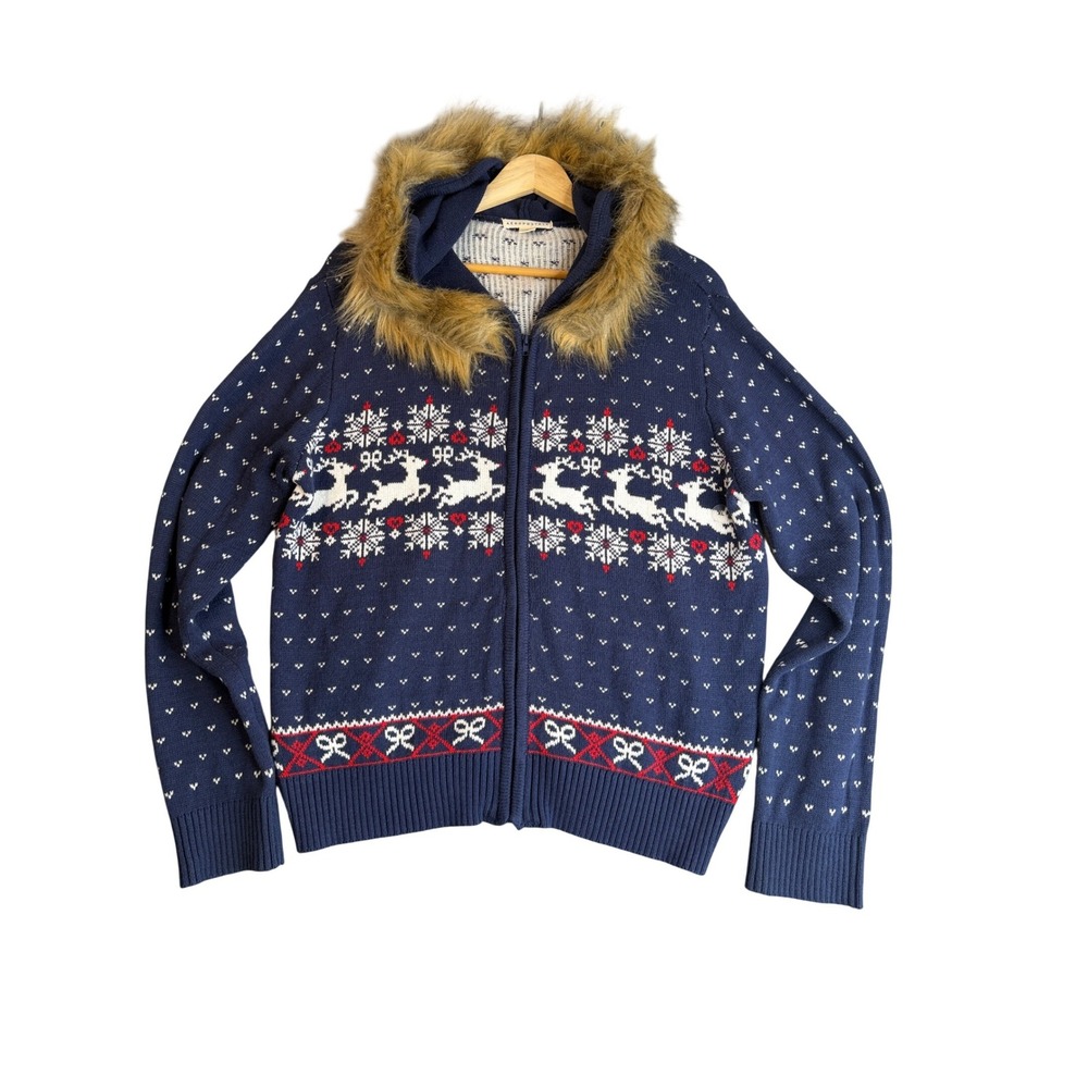 Aeropostale Fair Isle Reindeer Faux Fur Hooded Cardigan Sweater XL Navy Y2K Cozy
